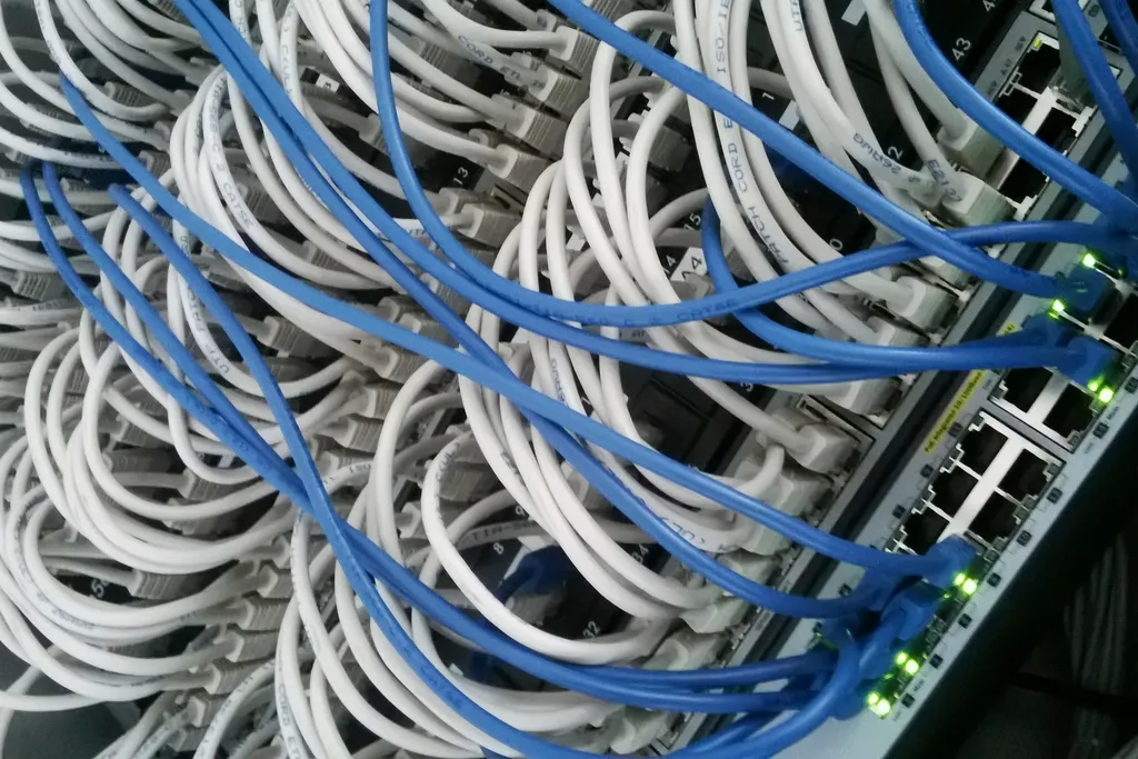Rack kabinde düzenli bağlanmış network kabloları